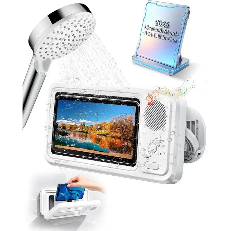 Waterproof Bluetooth Speaker Phone Case Holder 360° Rotation Bathroom Fog-Proof Mobile Phone Box Audio Bath TV Stand